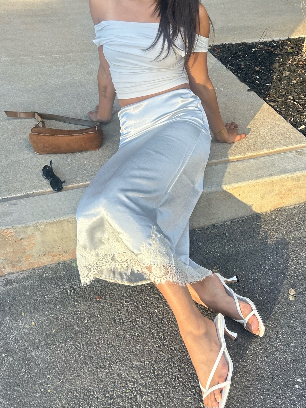 NWT Baby Blue Satin Lace Trim Midi Skirt